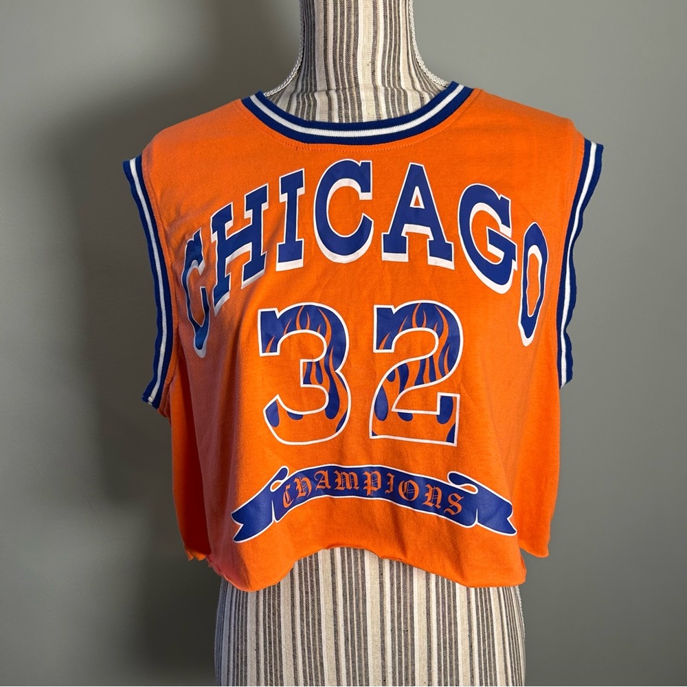 Orange and Blue Sleeveless Cropped Graphic Tee Tank Top ‘Chicago’ Graphic L